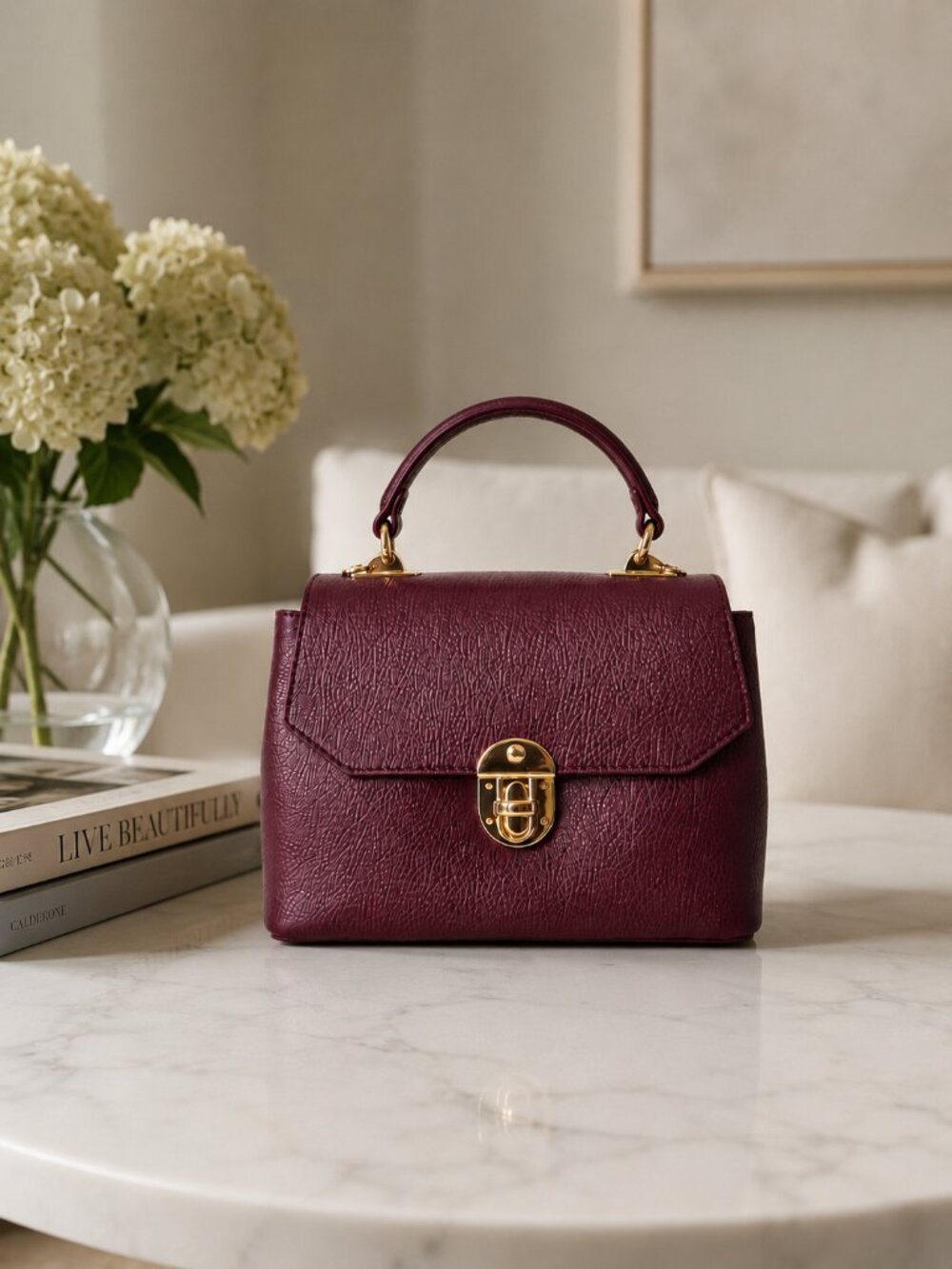 Burgundy Italian Leather Mini Bag, Structured Crossbody Purse, Gold Hardware